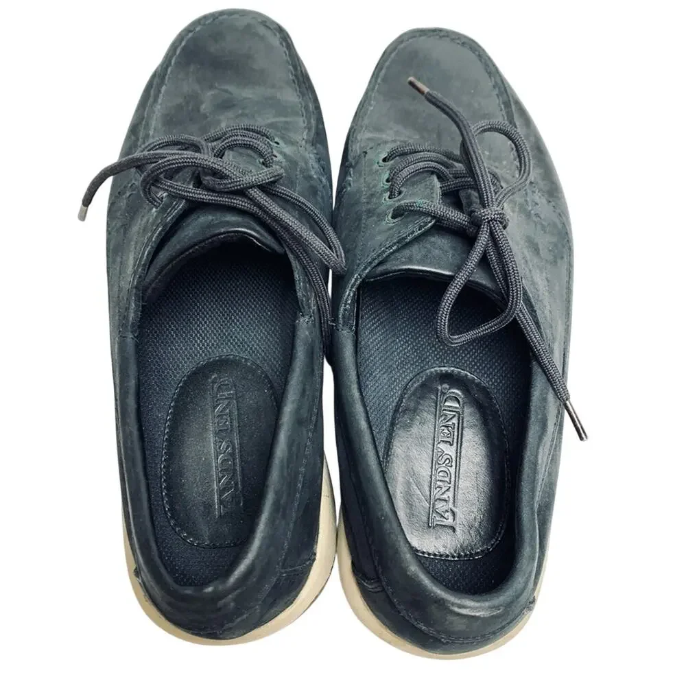 Lands End Mens Nubuck Casual Navy Blue Genuine Leather Boat Shoes Lace Up sz 9